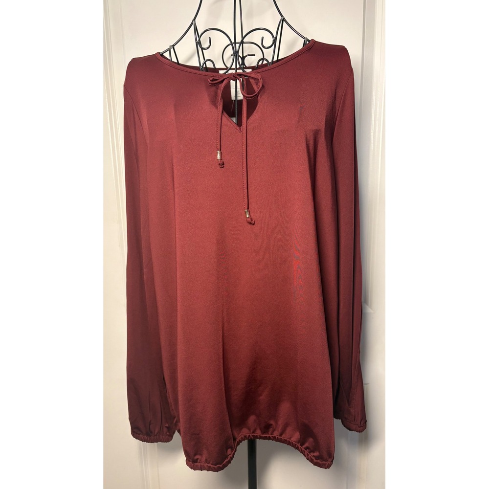 White House Black Market Lacquer Burgundy Slit Sleeve Keyhole Blouse